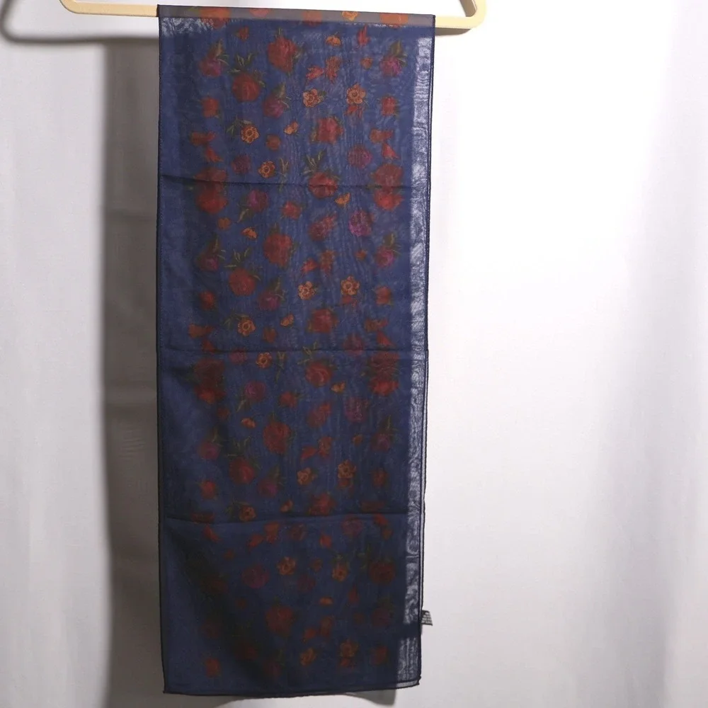 VTG Navy Blue Sheer Floral Rectangle‎ Scarf Red Orange Rose Print Dark Romantic